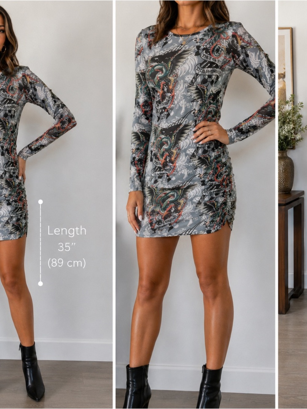 Ed Hardy Tattoo Print Ruched Long Sleeve Mini Dress Size L NWT Y2K